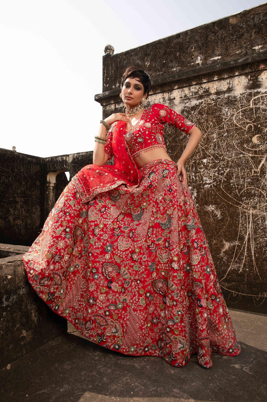 Anjali, the modern Scarlet Red whimsical allure Bridal Lehenga