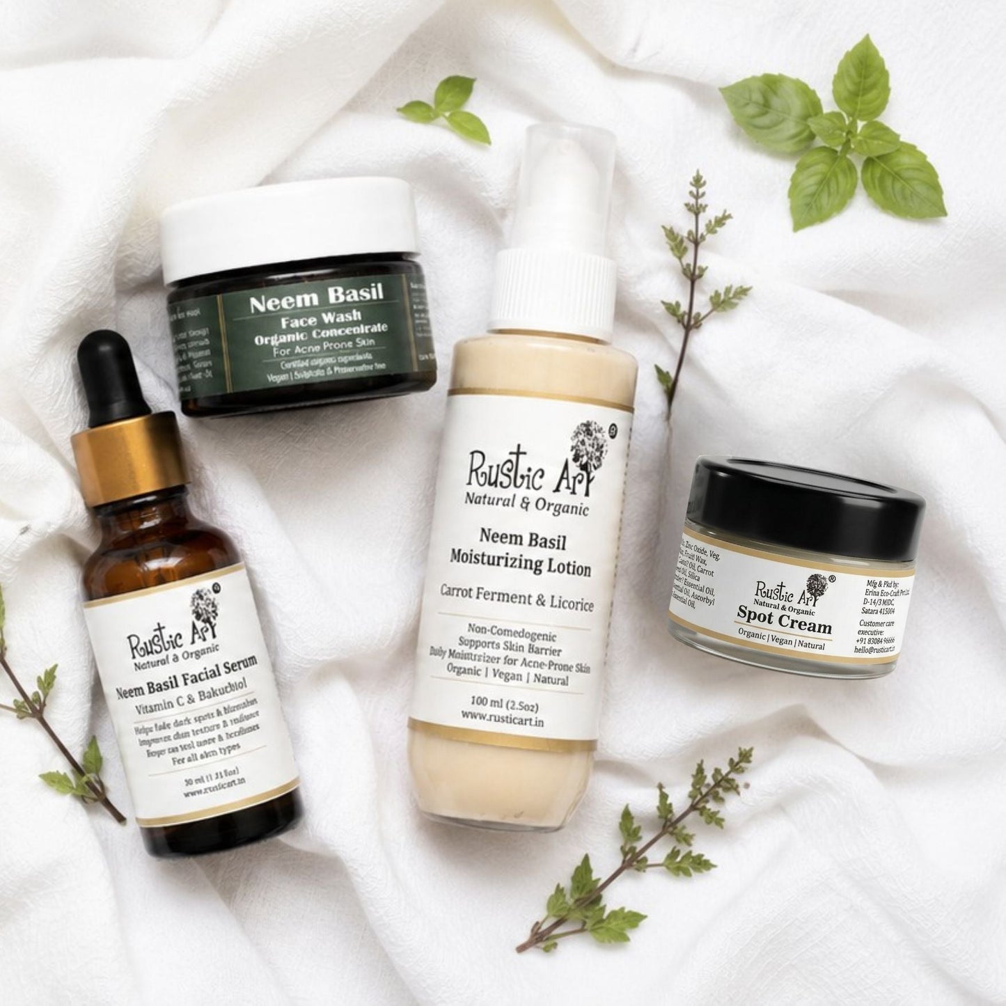 Anti Acne Kit(Small) | Jute Pouch | Neem Basil Face Wash | Neem Moisturizing Lotion | Neem Basil Serum | Spot cream