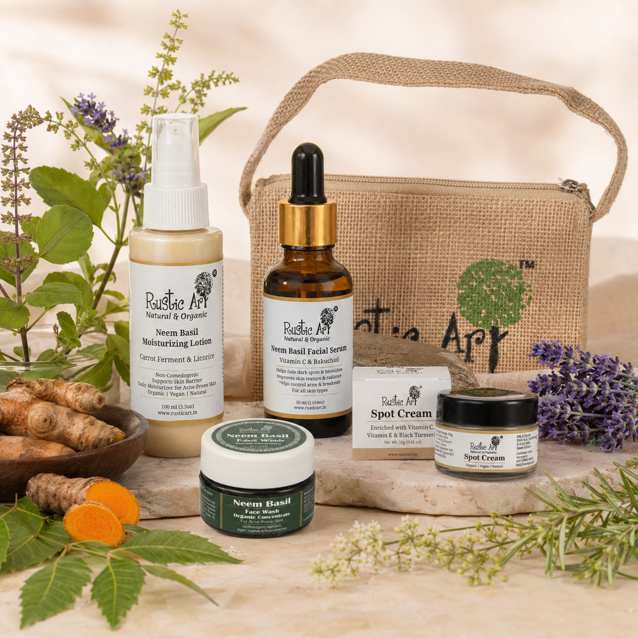 Anti Acne Kit(Small) | Jute Pouch | Neem Basil Face Wash | Neem Moisturizing Lotion | Neem Basil Serum | Spot cream