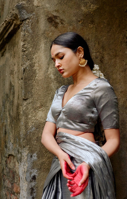 Ardhachandra I Silver Handloom tissue saree