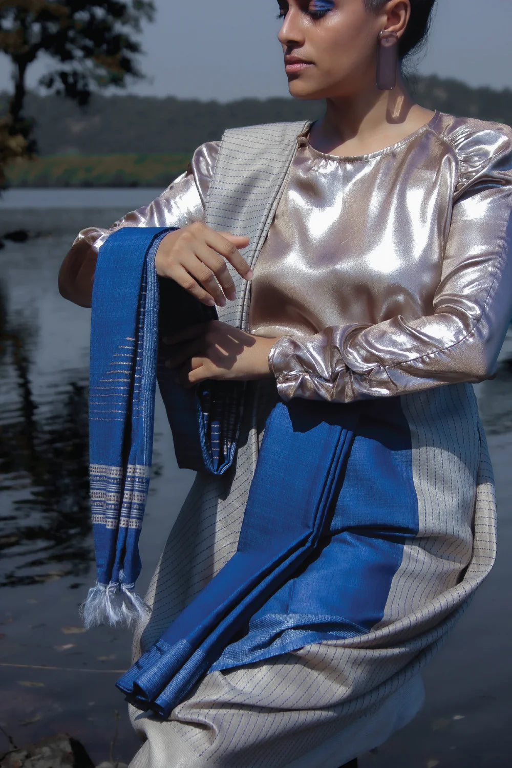 Handloom beige Mugha silk saree with woven navy blue stripes