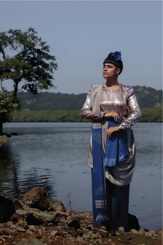 Handloom Beige Mugha Silk Saree With Woven Navy Blue Stripes