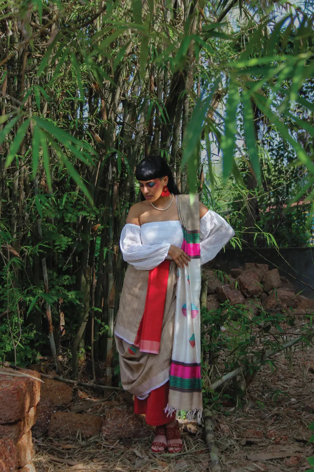 Beige Handloom Pure Kosa Silk Saree With Cream Colour Pallu & Red & Green Geometrical Motifs