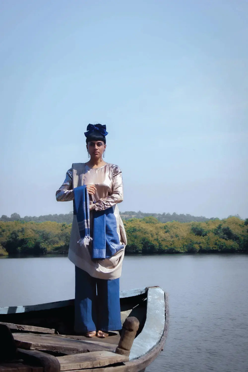 Handloom Beige Mugha Silk Saree With Woven Navy Blue Stripes