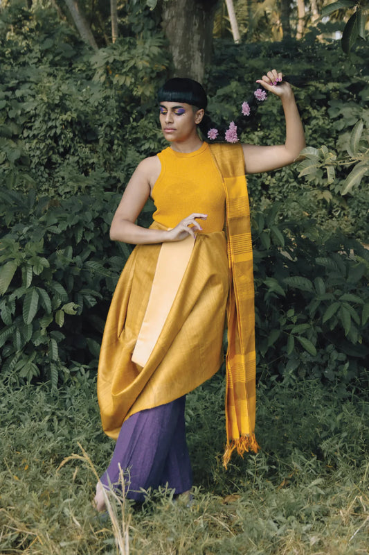 Yellow Handloom Tussar silk saree with Gold Zari border