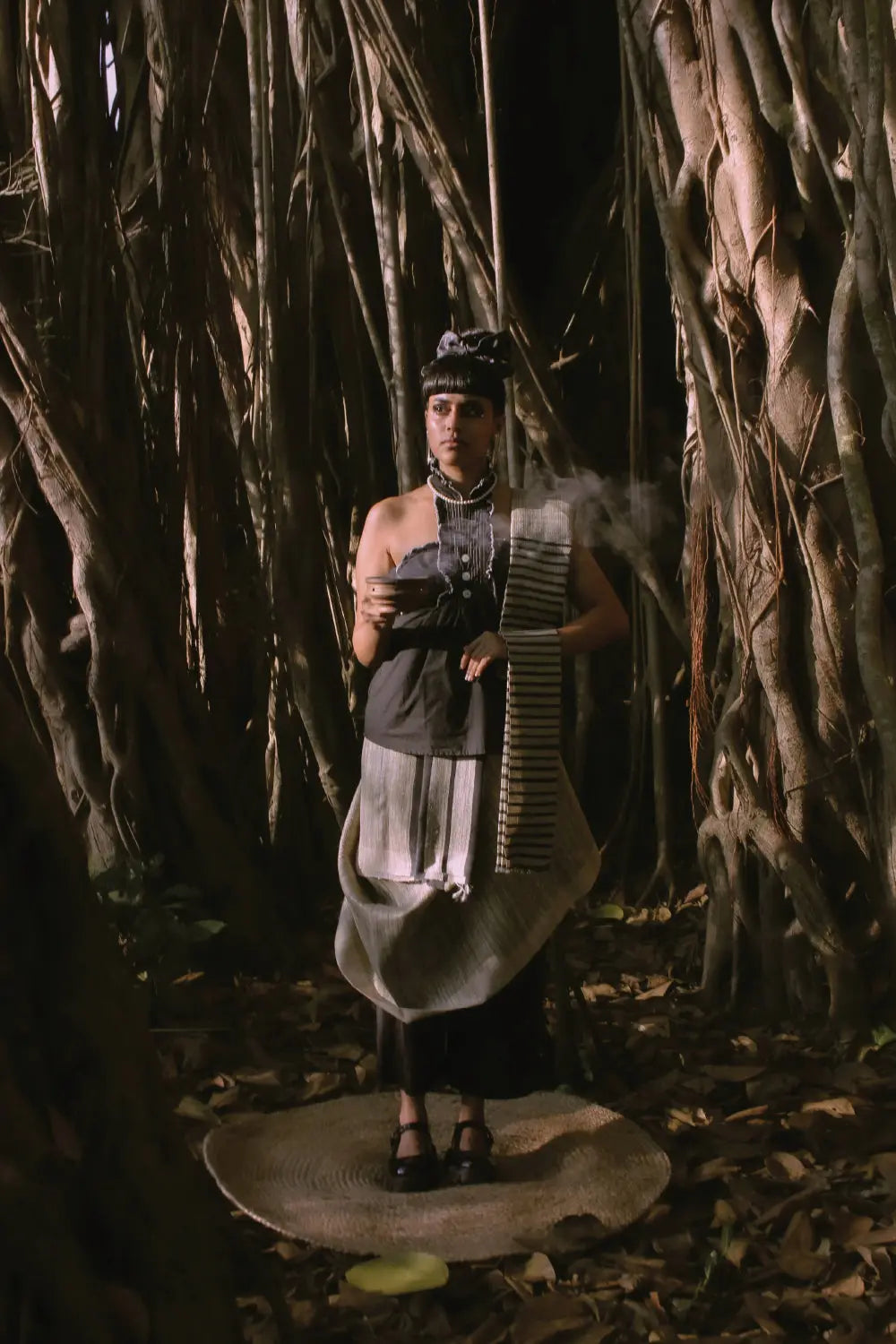 Handloom Beige Kosa Silk Saree With Black Stripes Woven On It With Contrasting Black Pallu