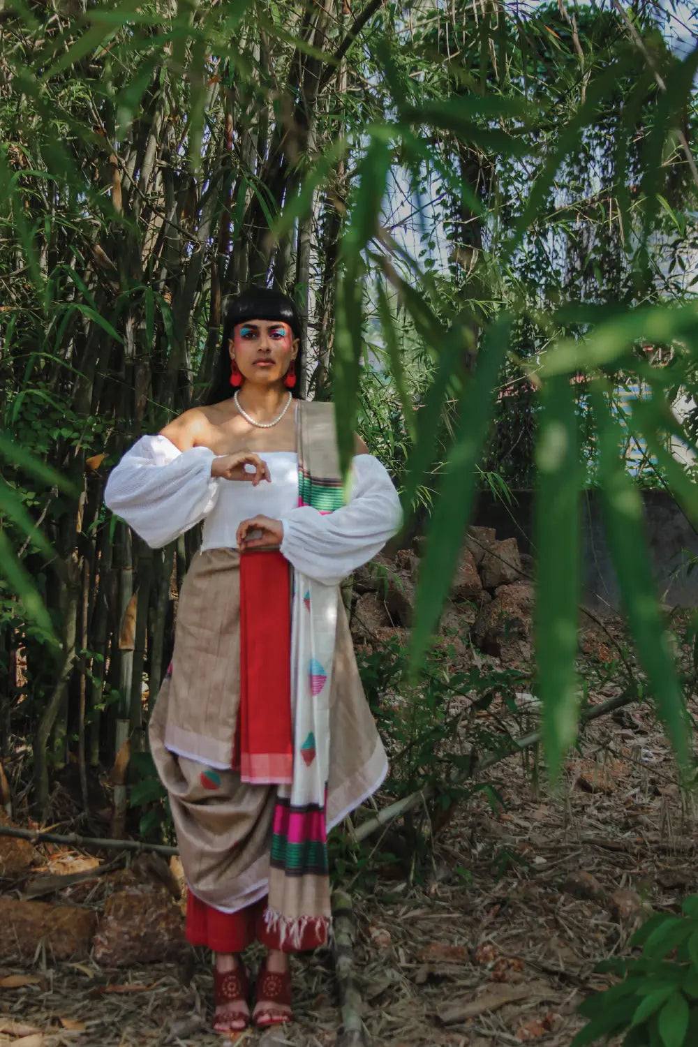 Beige Handloom Pure Kosa Silk Saree With Cream Colour Pallu & Red & Green Geometrical Motifs