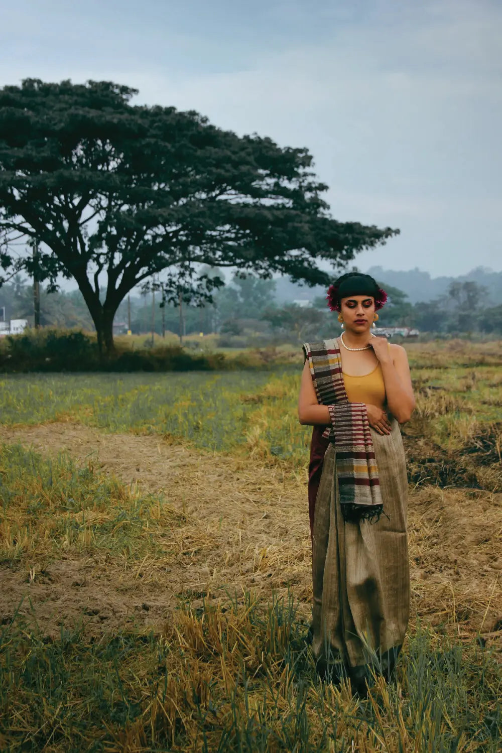 Handloom Light Brown Kosa Silk Saree With Maroon Pallu