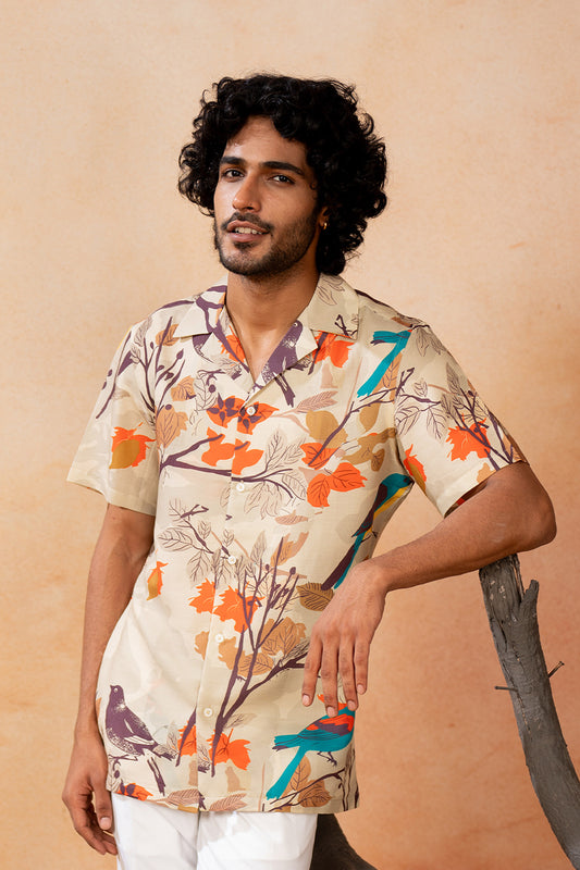 Beige Cotton Satin Serenity bird themed print cotton Shirt