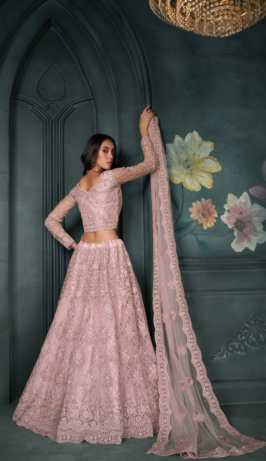 Pink Thread & Badla Embroidered Net Engagement Lehenga
