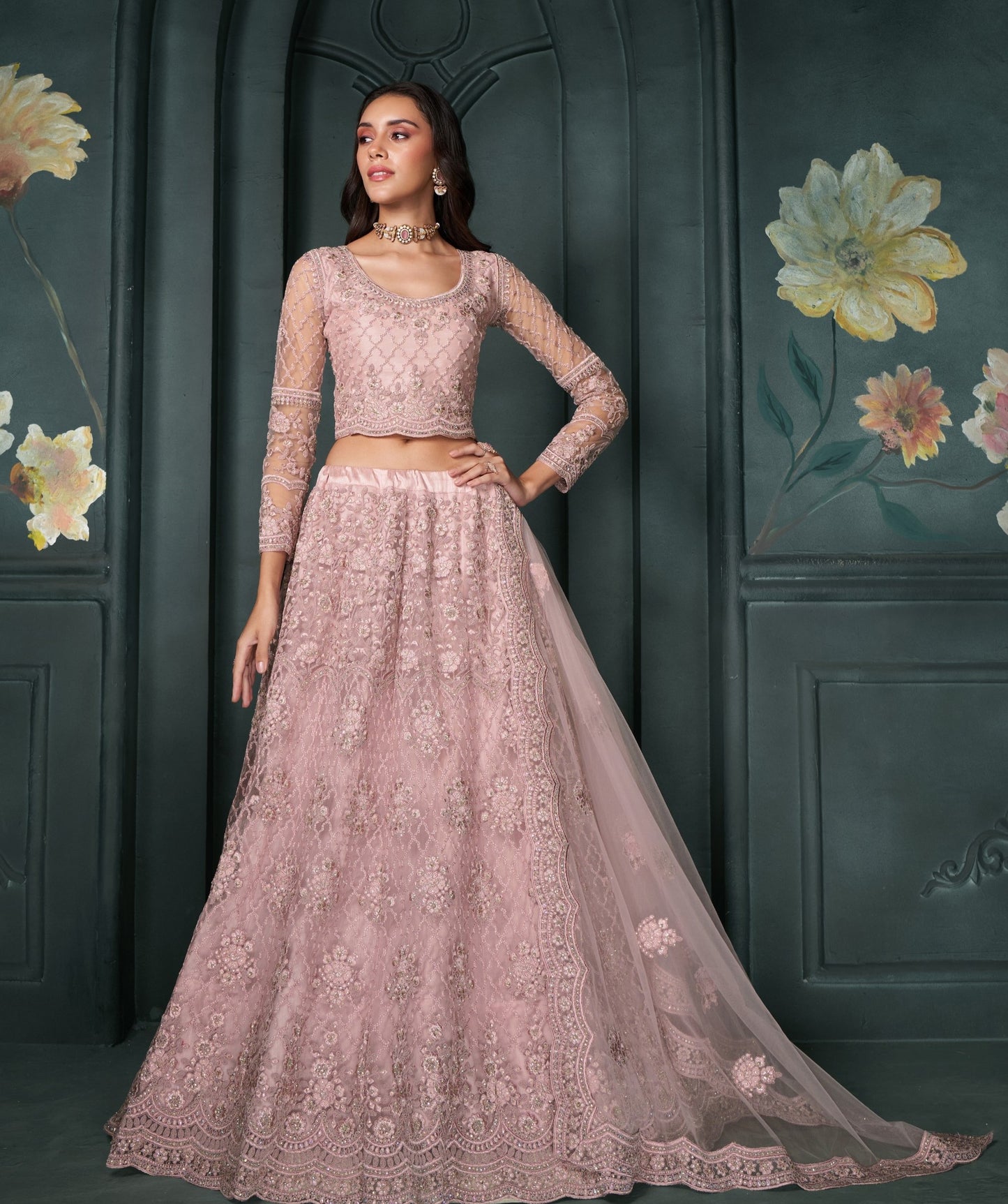 Pink Thread & Badla Embroidered Net Engagement Lehenga