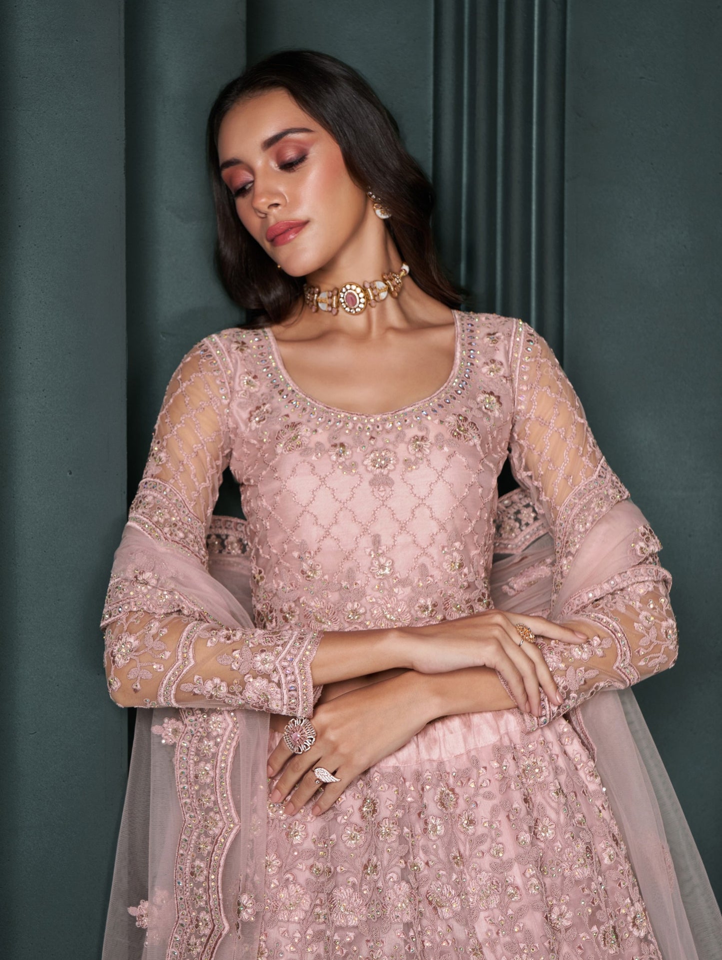 Pink Thread & Badla Embroidered Net Engagement Lehenga
