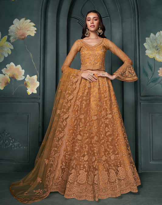 Orange Thread & Badla Embroidered Net Engagement Lehenga