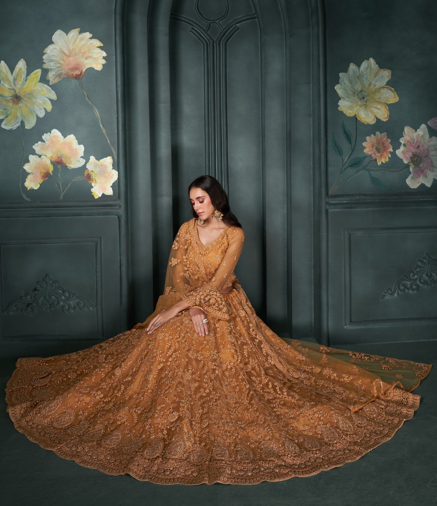 Orange Thread & Badla Embroidered Net Engagement Lehenga