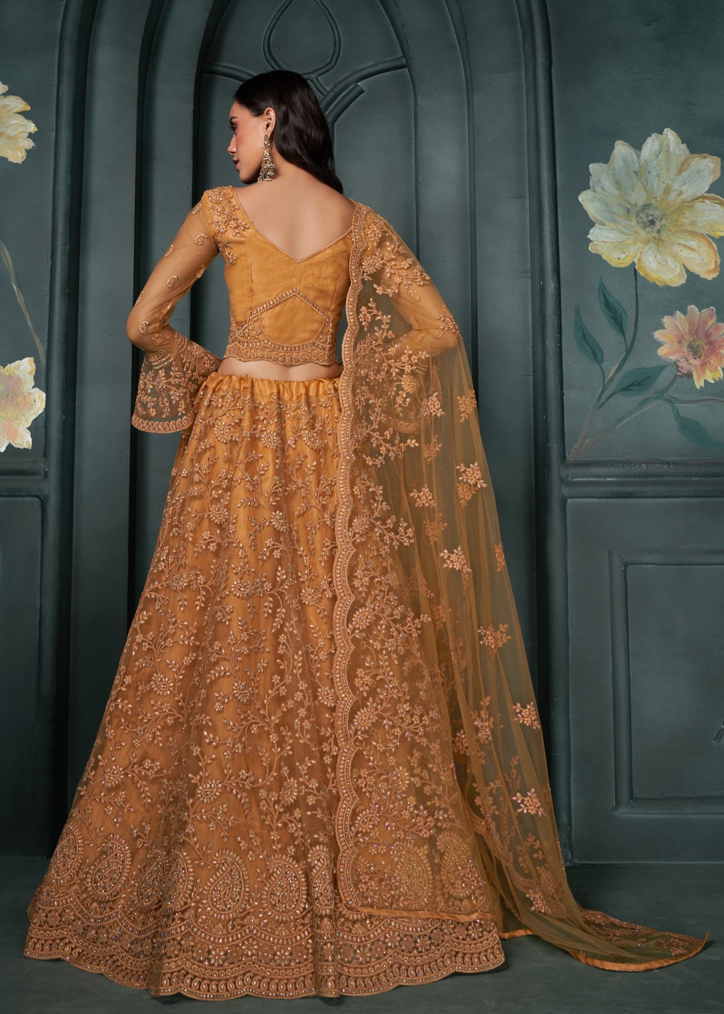 Orange Thread & Badla Embroidered Net Engagement Lehenga