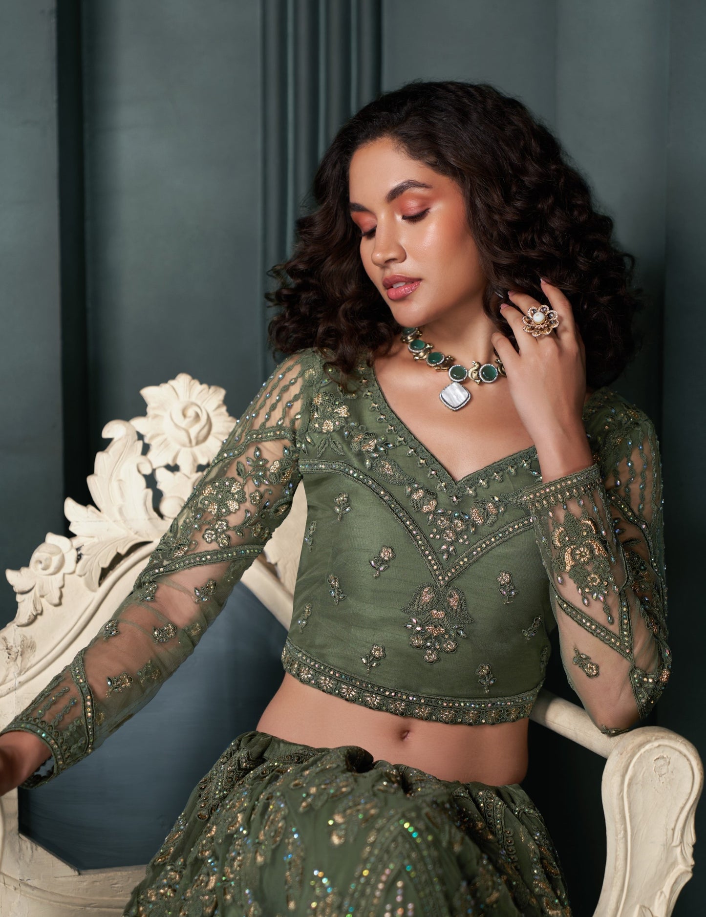 Green Thread & Badla Embroidered Net Mehendi Lehenga