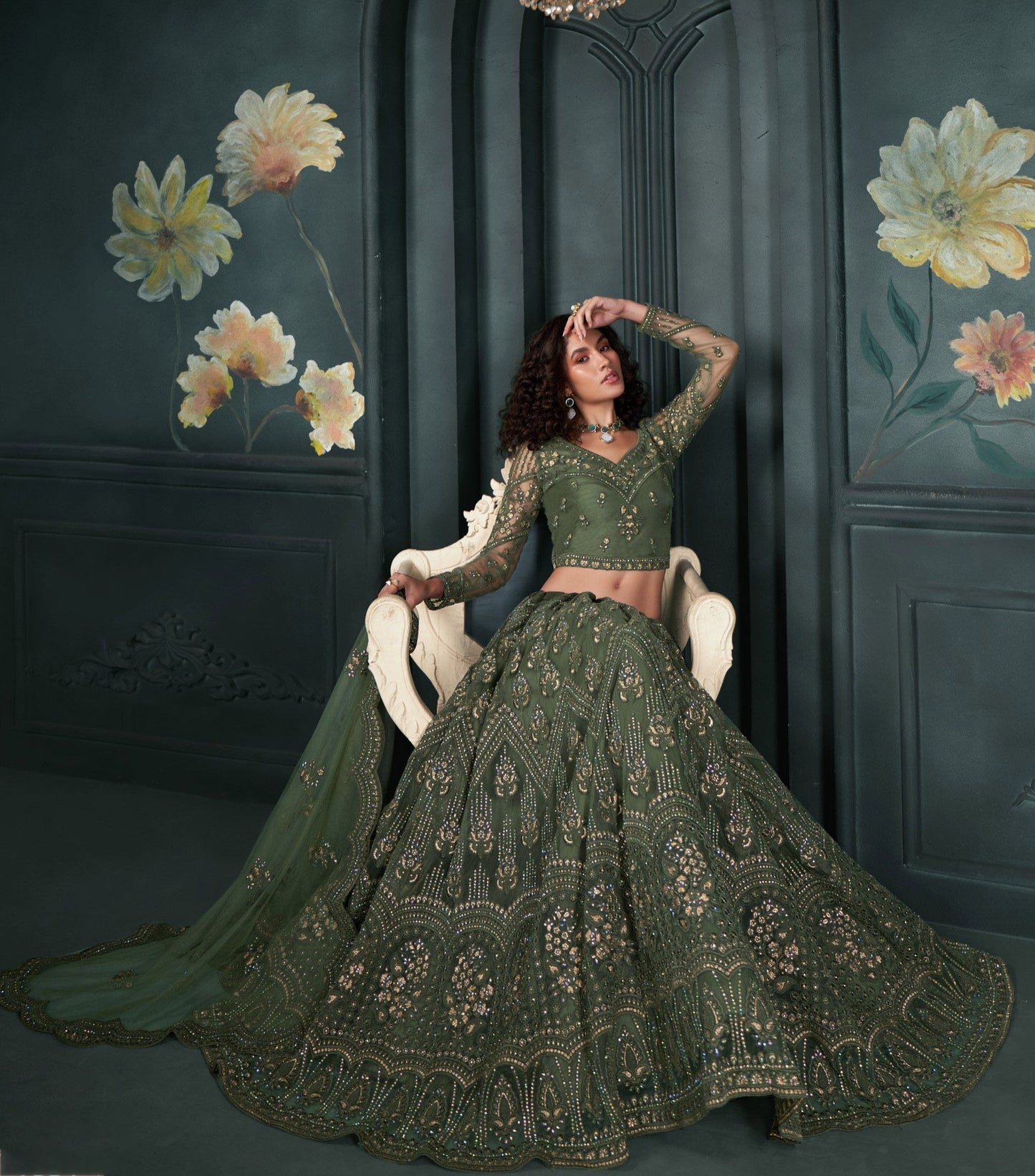 Green Thread & Badla Embroidered Net Mehendi Lehenga