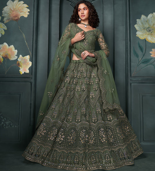 Green Thread & Badla Embroidered Net Mehendi Lehenga