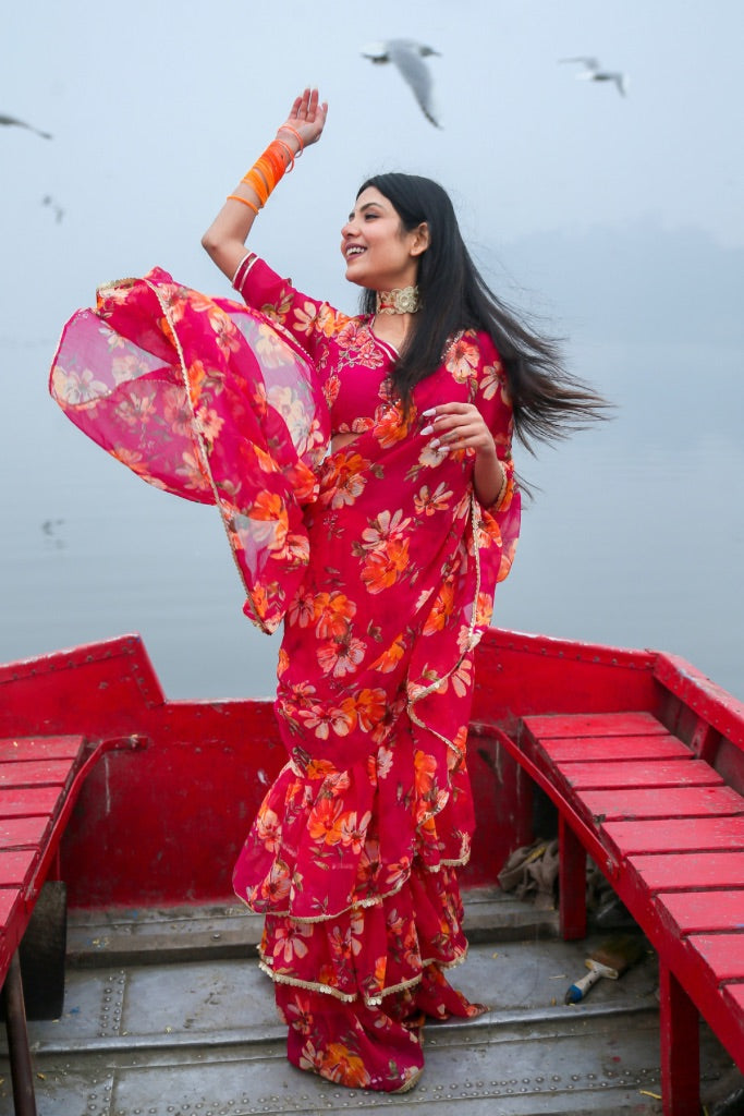 Kiara Pink Chiffon Floral Print Festive Draped Saree