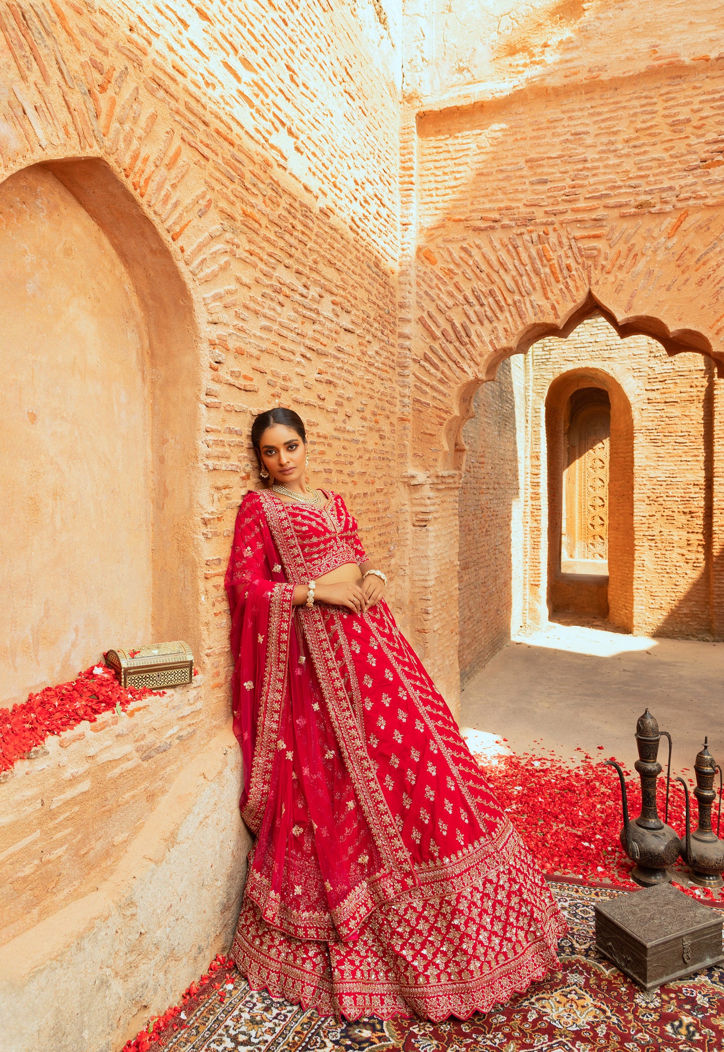 Royal Red Silk Bridal Lehenga with Floral Motifs, Sequins, and Cutdana Embellishments