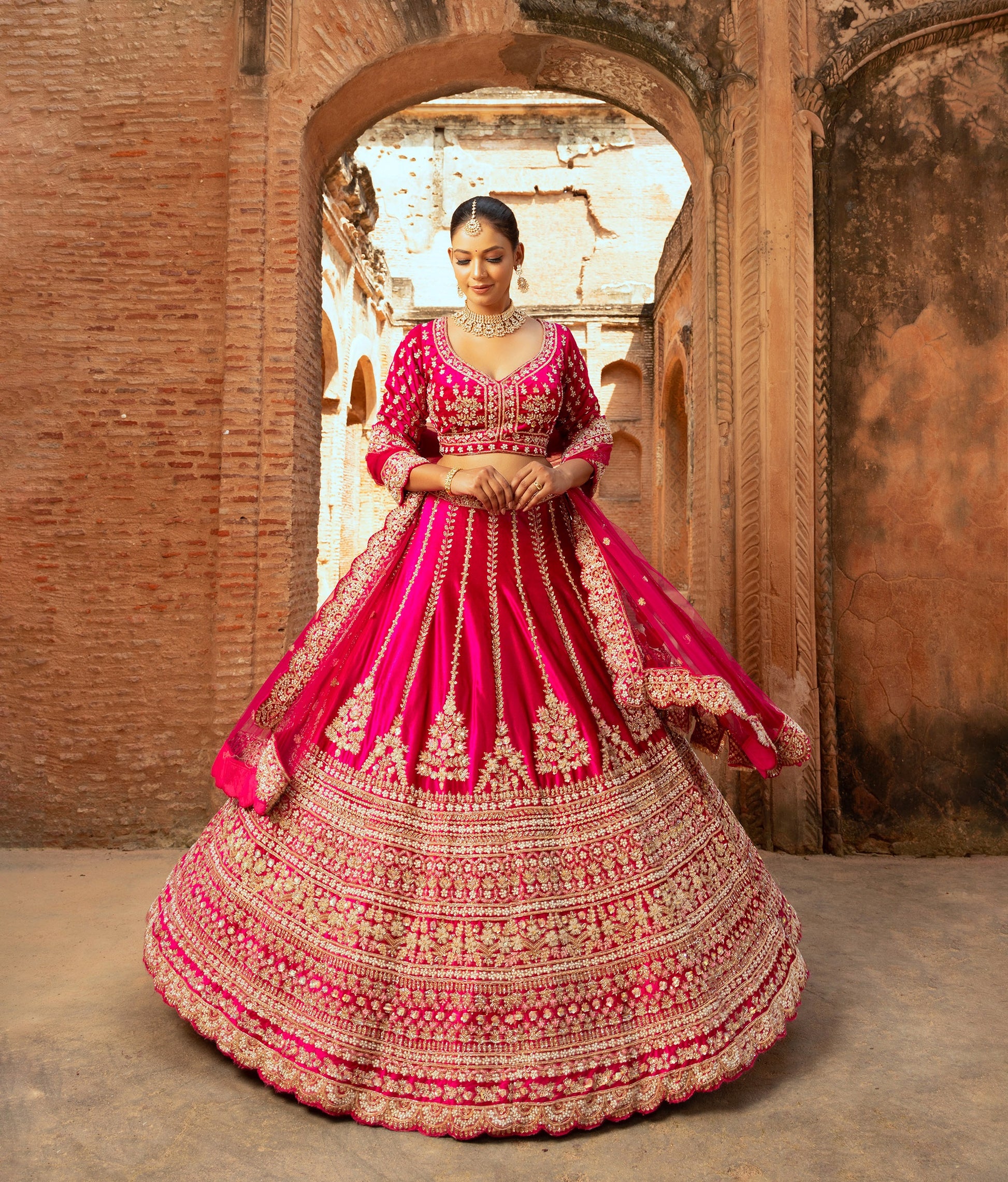 Magenta Hand Embroidery Velvet Bridal Lehenga