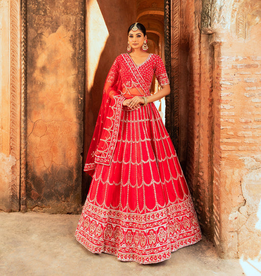 Elegant Red Silk Lehenga for Wedding with Zardozi Embellishments