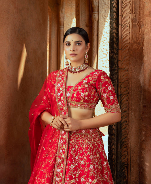 Red Silk Bridal Lehenga for Wedding with Sequins, Cutdana, Hand-Embroidery