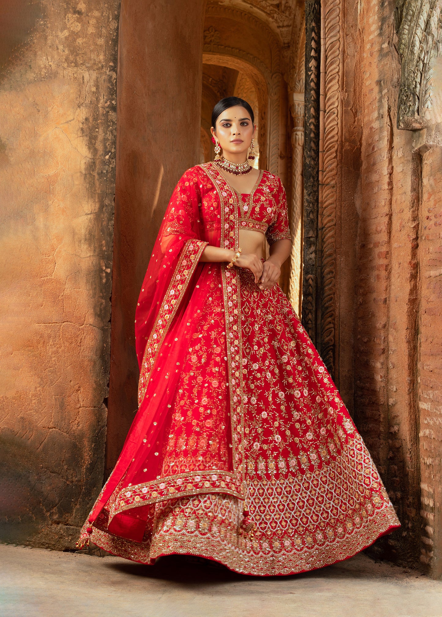 Red Silk Bridal Lehenga for Wedding with Sequins, Cutdana, Hand-Embroidery
