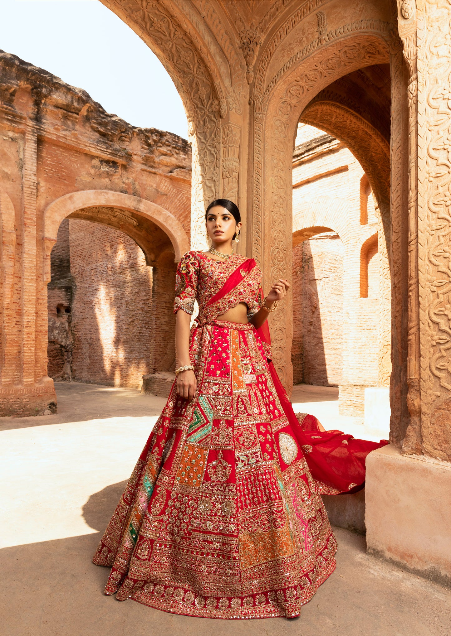 Heritage-Inspired Silk Bridal Lehenga for Wedding with Multi-Color Embroidery