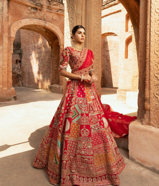 Heritage-Inspired Silk Bridal Lehenga for Wedding with Multi-Color Embroidery