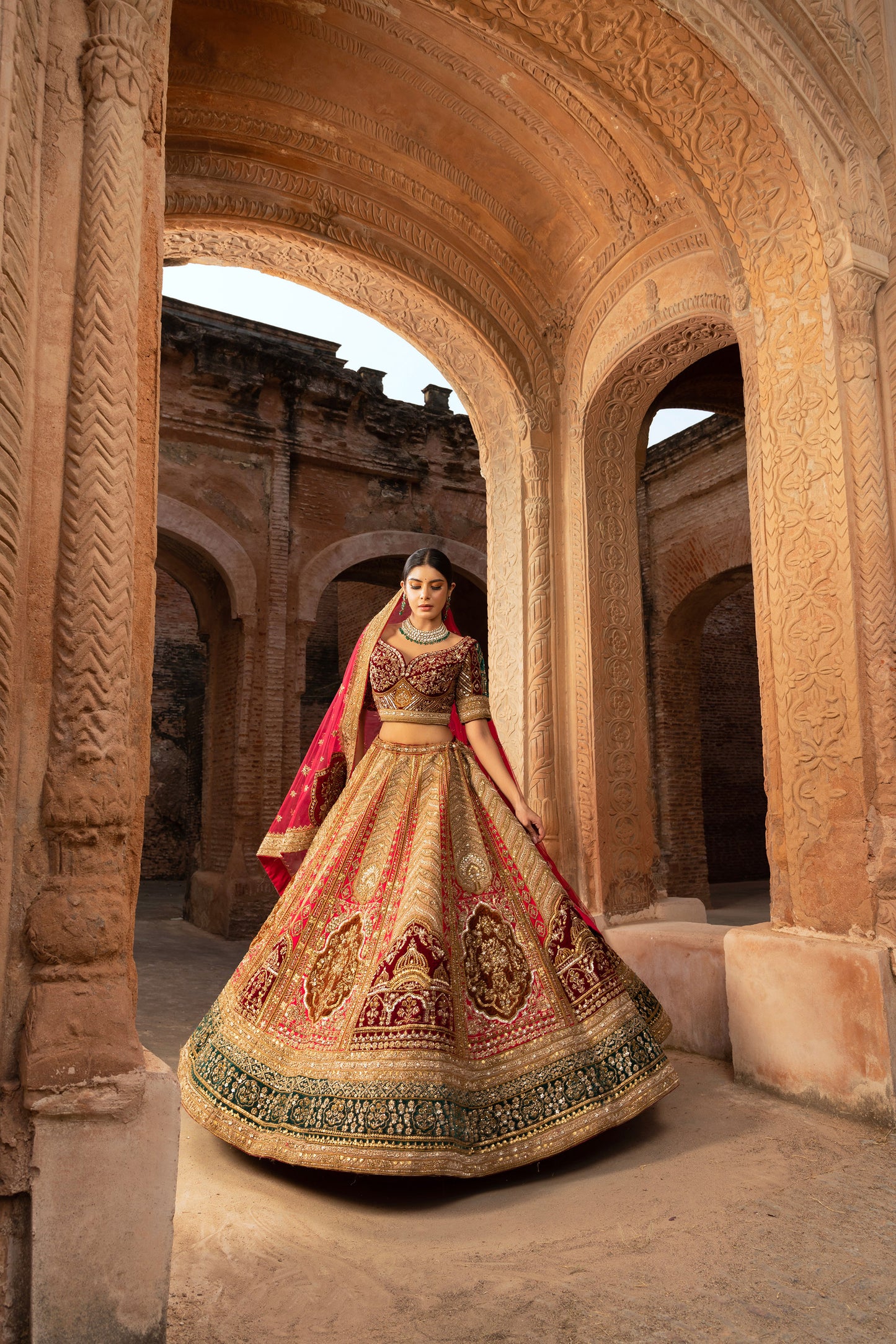Red & Rust Orange Zardozi Silk Bridal Lehenga