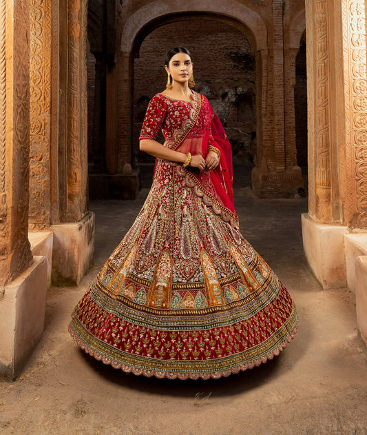 Enchanting Velvet Bridal Lehenga with Multi-Color Embroidery