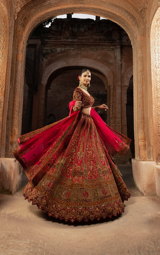 Silk Bridal Lehenga in Regal Red, Brown, and Maroon with Ethereal Organza Dupatta