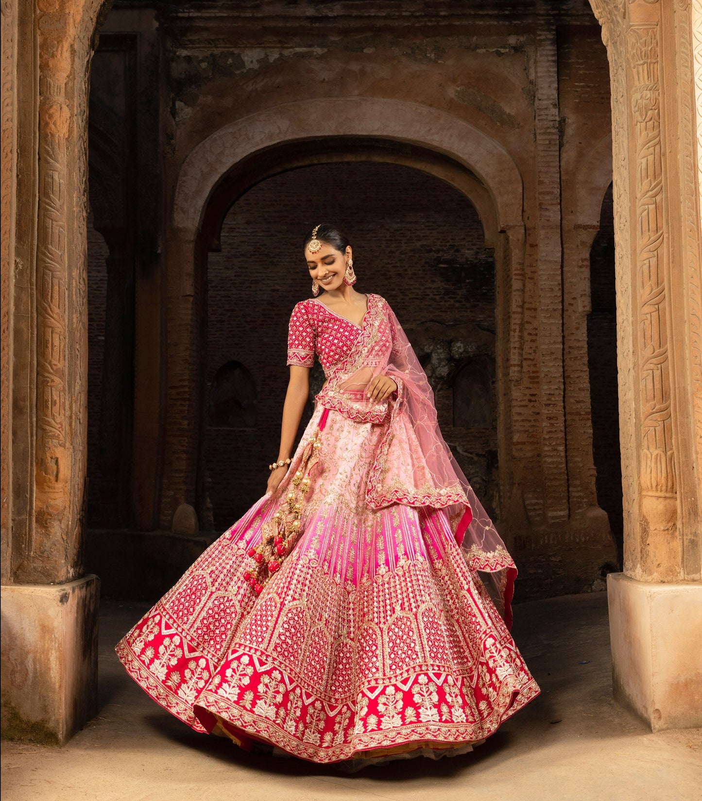 Ombre Pink Silk Bridal Lehenga for Wedding with Sequins Jaalwork
