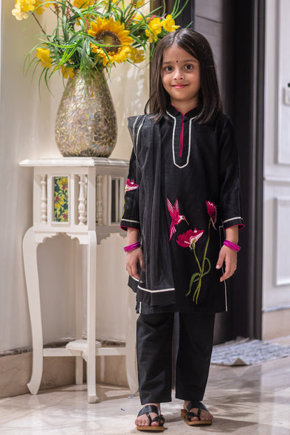 Black Embroided kids Kurta Payjama Set