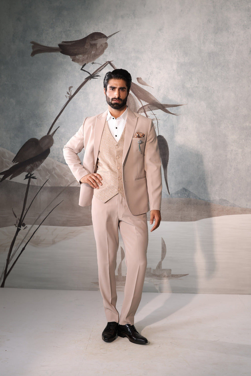 Beige Wedding Tuxedo Suit With Blazer