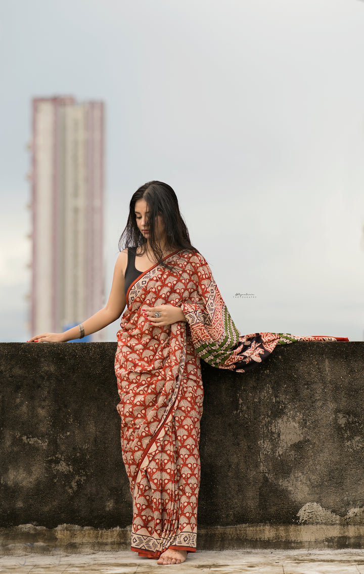 Chilgoza- Bagru Natural Dyed Handblock Printed - Cotton Mulmul Saree