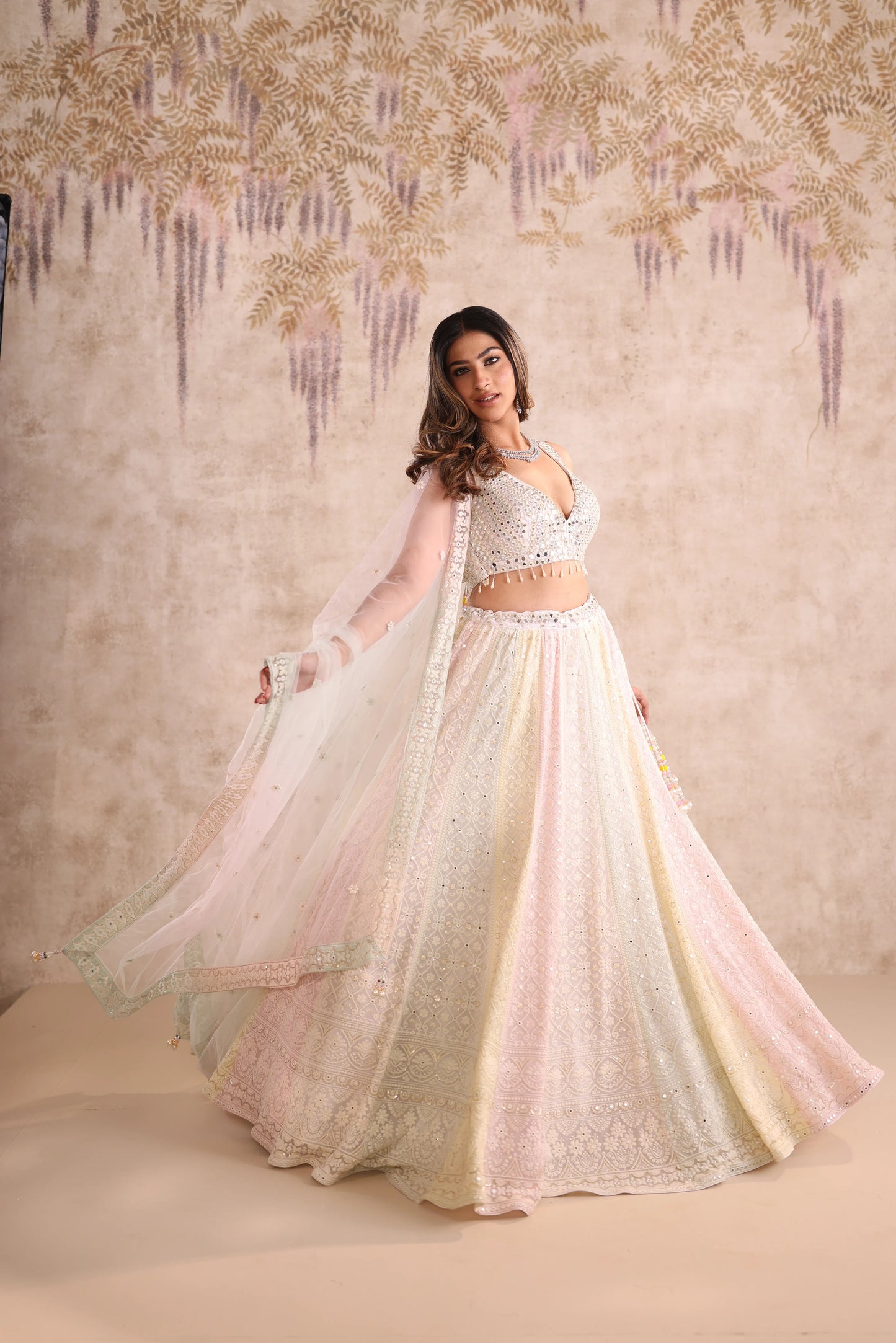 Cream Mirror Work Net Engagement Lehenga for Bridesmaid