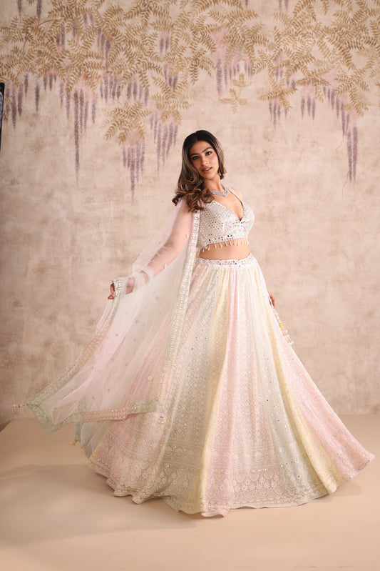 Cream Mirror Work Net Engagement Lehenga for Bridesmaid