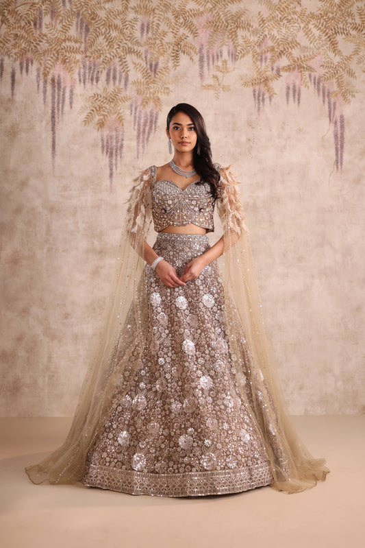 White Motifs Embroidered Net Weeding Lehenga for Sangeet