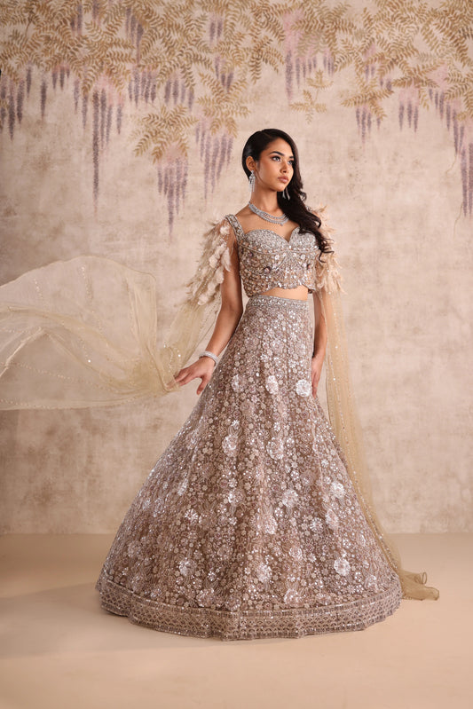 White Motifs Embroidered Net Weeding Lehenga for Sangeet