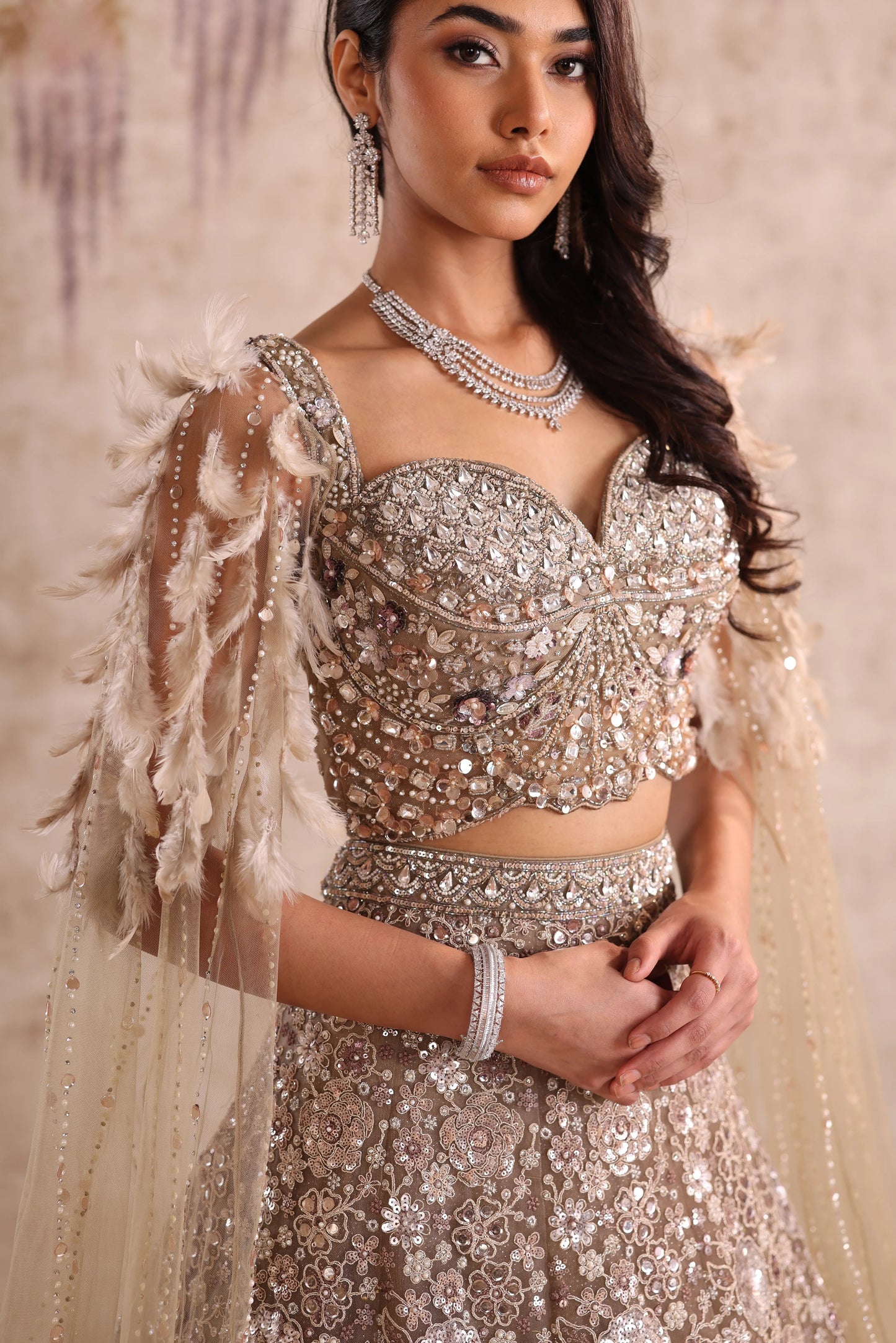 White Motifs Embroidered Net Weeding Lehenga for Sangeet
