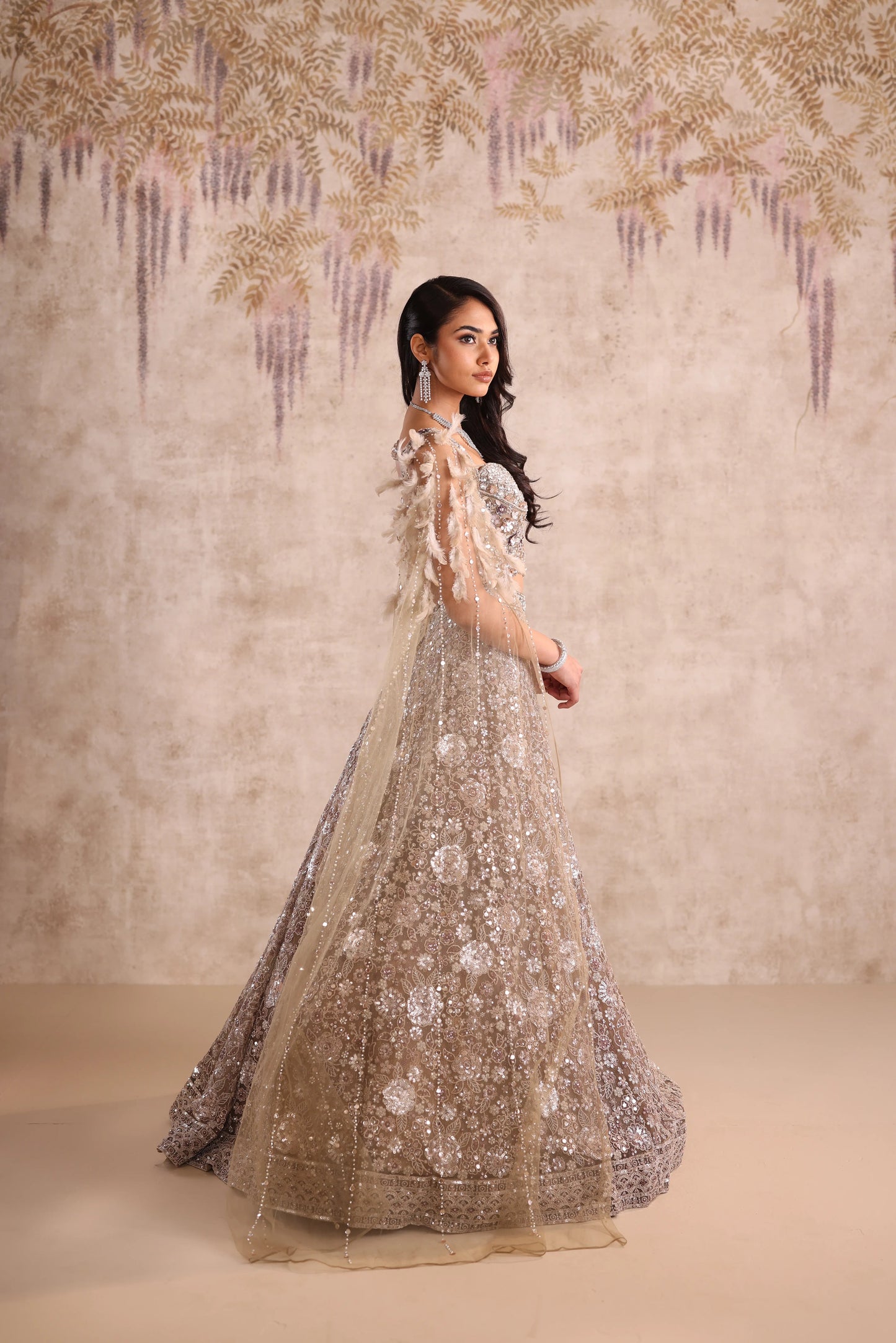 White Motifs Embroidered Net Weeding Lehenga for Sangeet