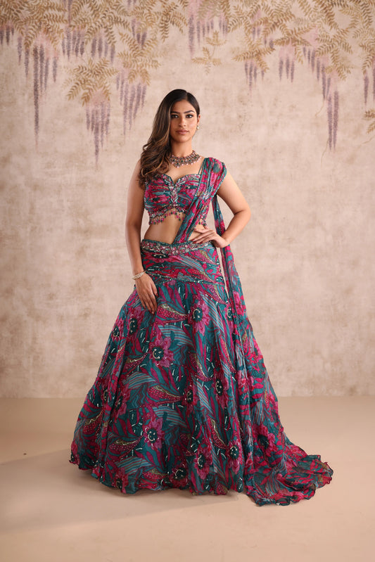Green Multi-Color Embroidered Net Flared Lehenga for Mehendi