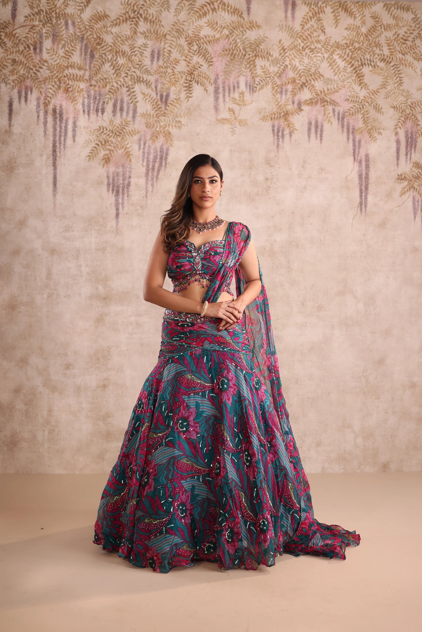 Green Multi-Color Embroidered Net Flared Lehenga for Mehendi