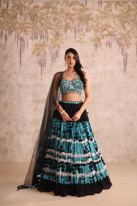 Blue & Black Tie-Dye Hand Embroidered Sangeet Lehenga