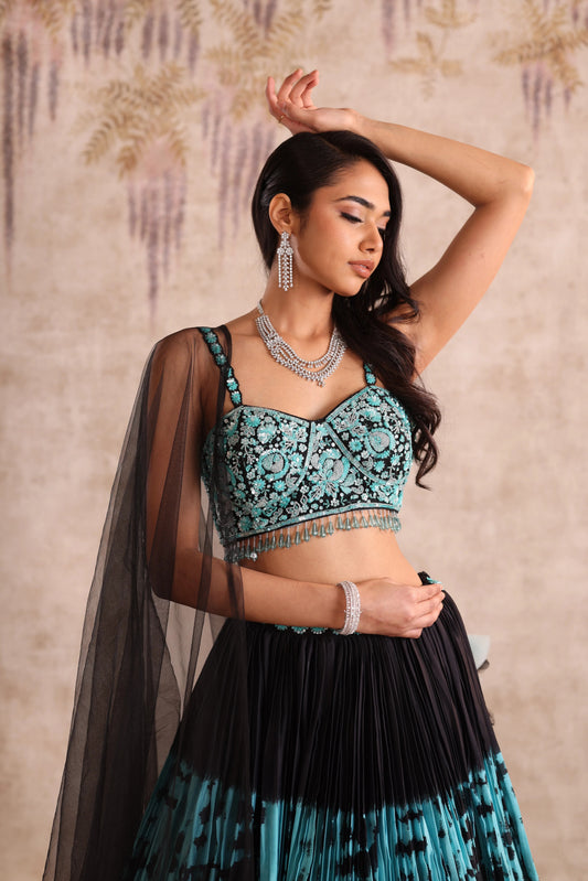 Blue & Black Tie-Dye Hand Embroidered Sangeet Lehenga