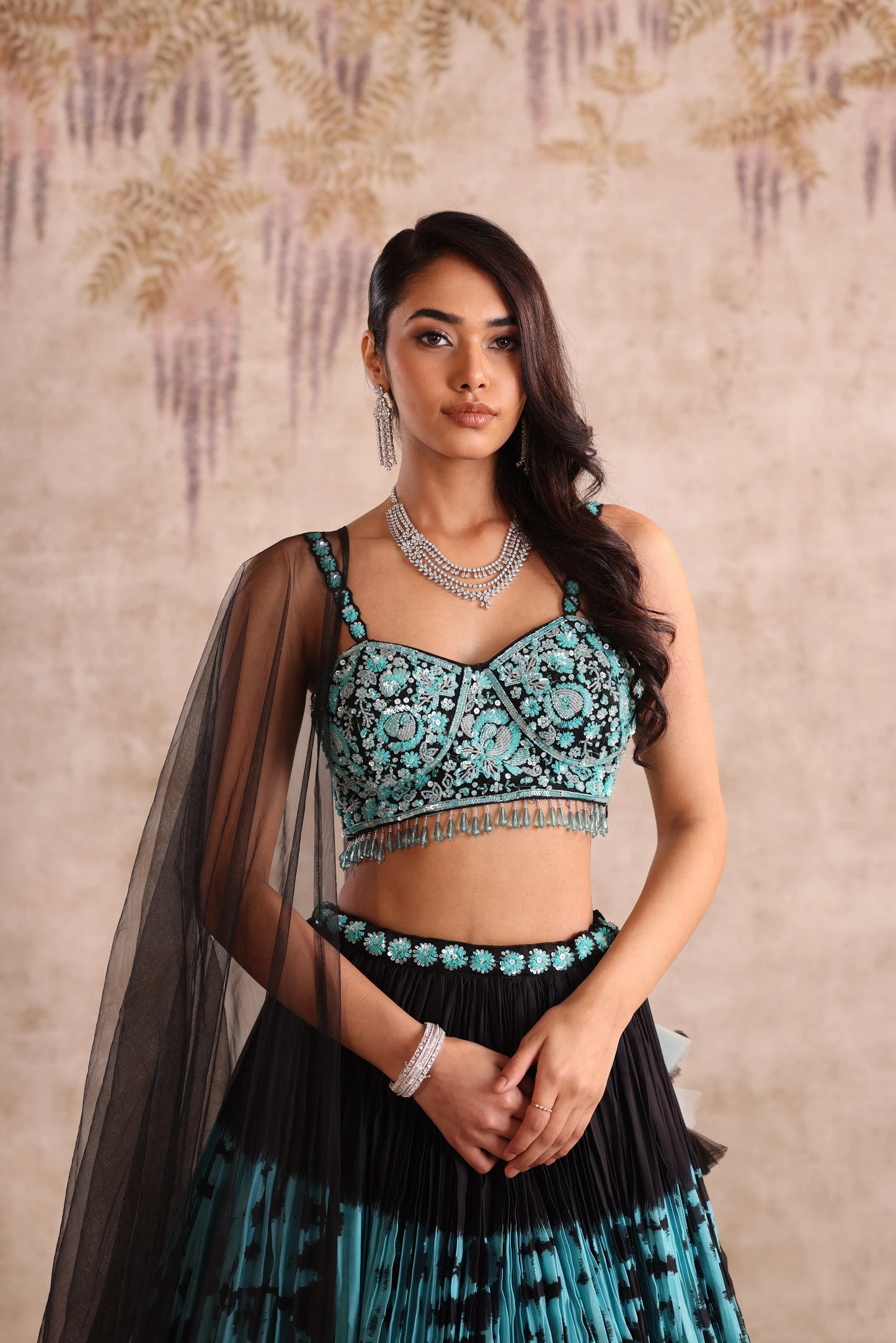Blue & Black Tie-Dye Hand Embroidered Sangeet Lehenga