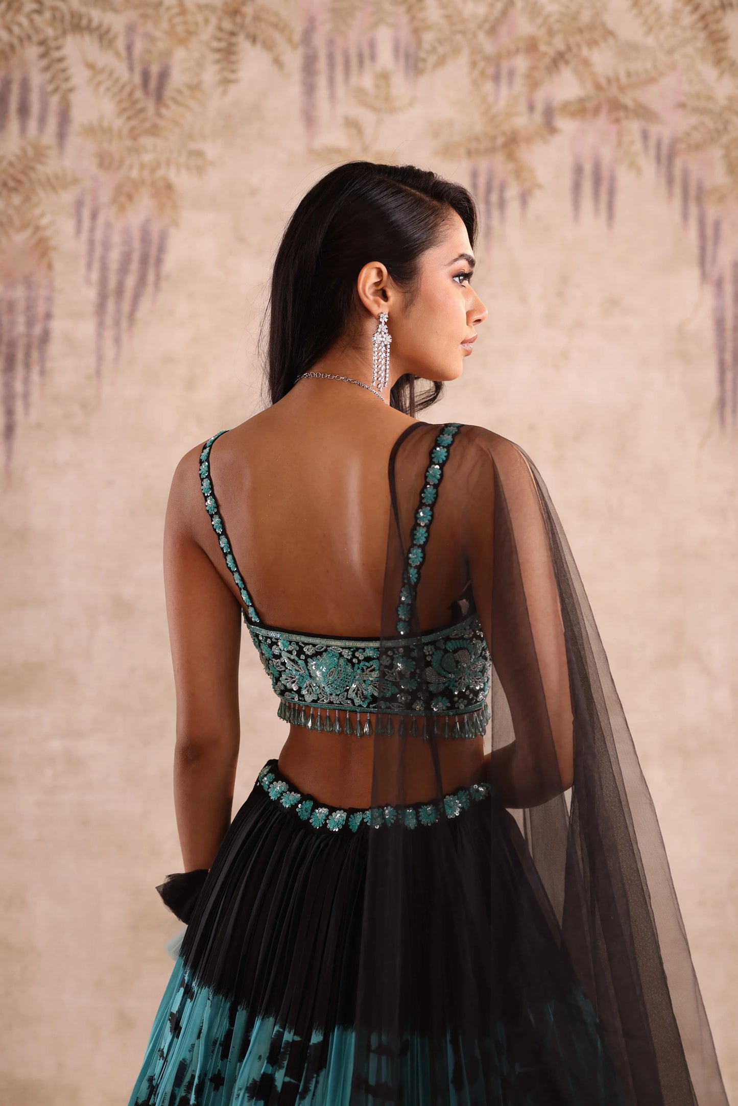 Blue & Black Tie-Dye Hand Embroidered Sangeet Lehenga