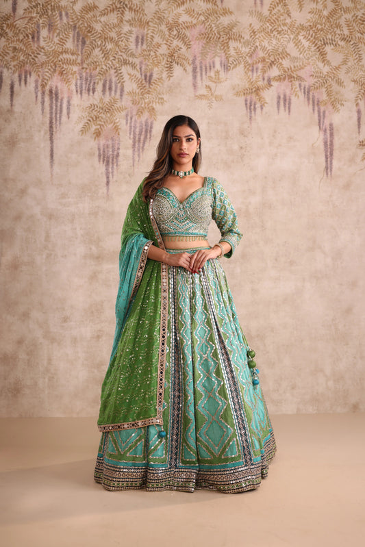 Green Mirror Work Bridesmaid Lehenga for Mehendi
